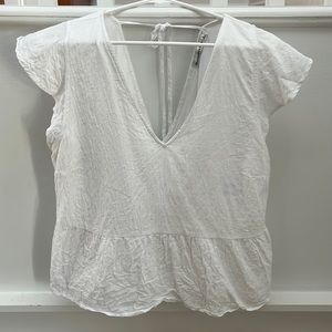 White Eyelet V-Neck Blouse with Tie Closure at Neck